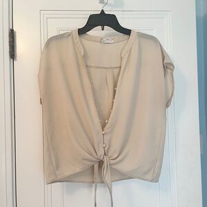 Cream Tie-Front Mandarin Collar Blouse